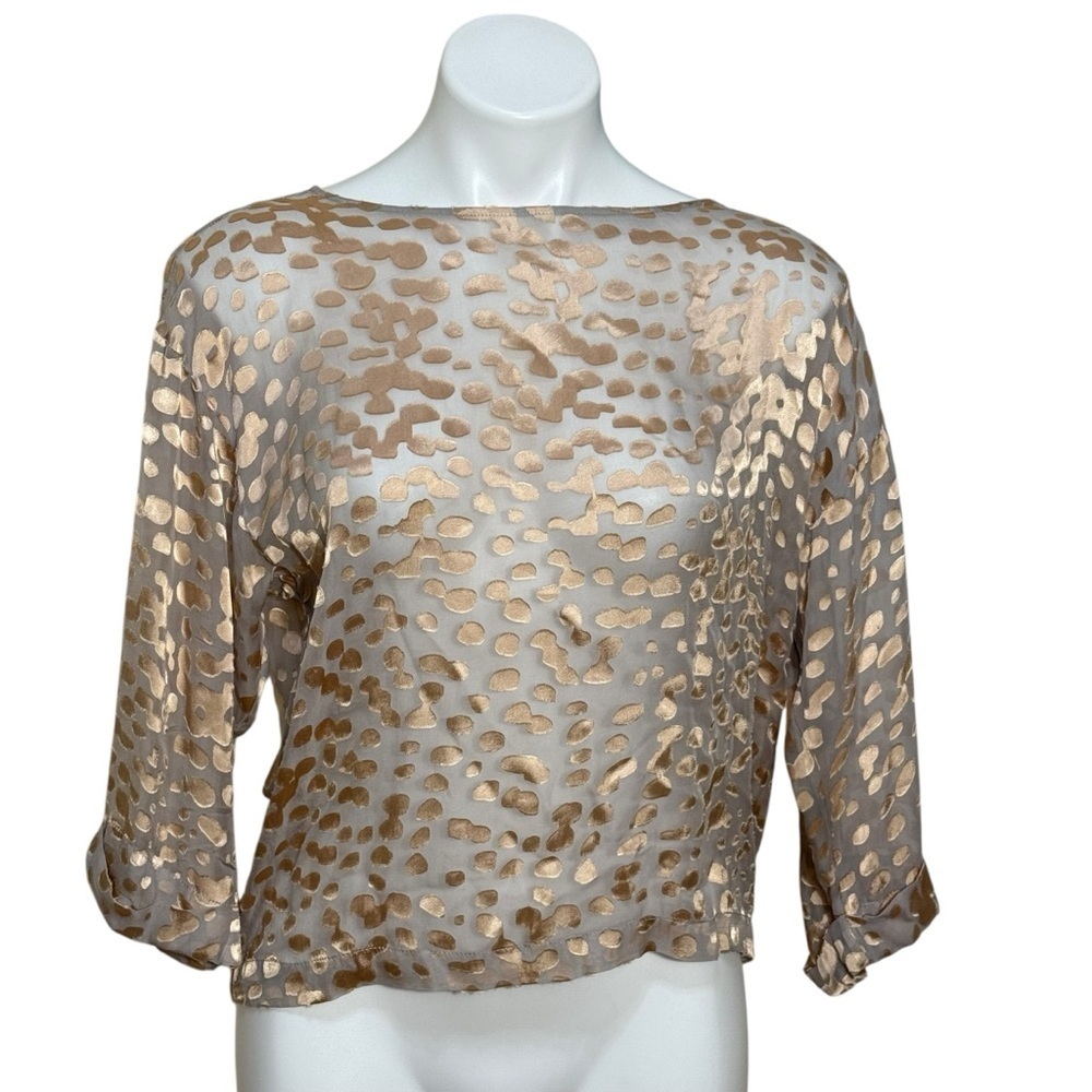 Club Monaco gold polka dot silk blend 3/4 length sheer blouse size small